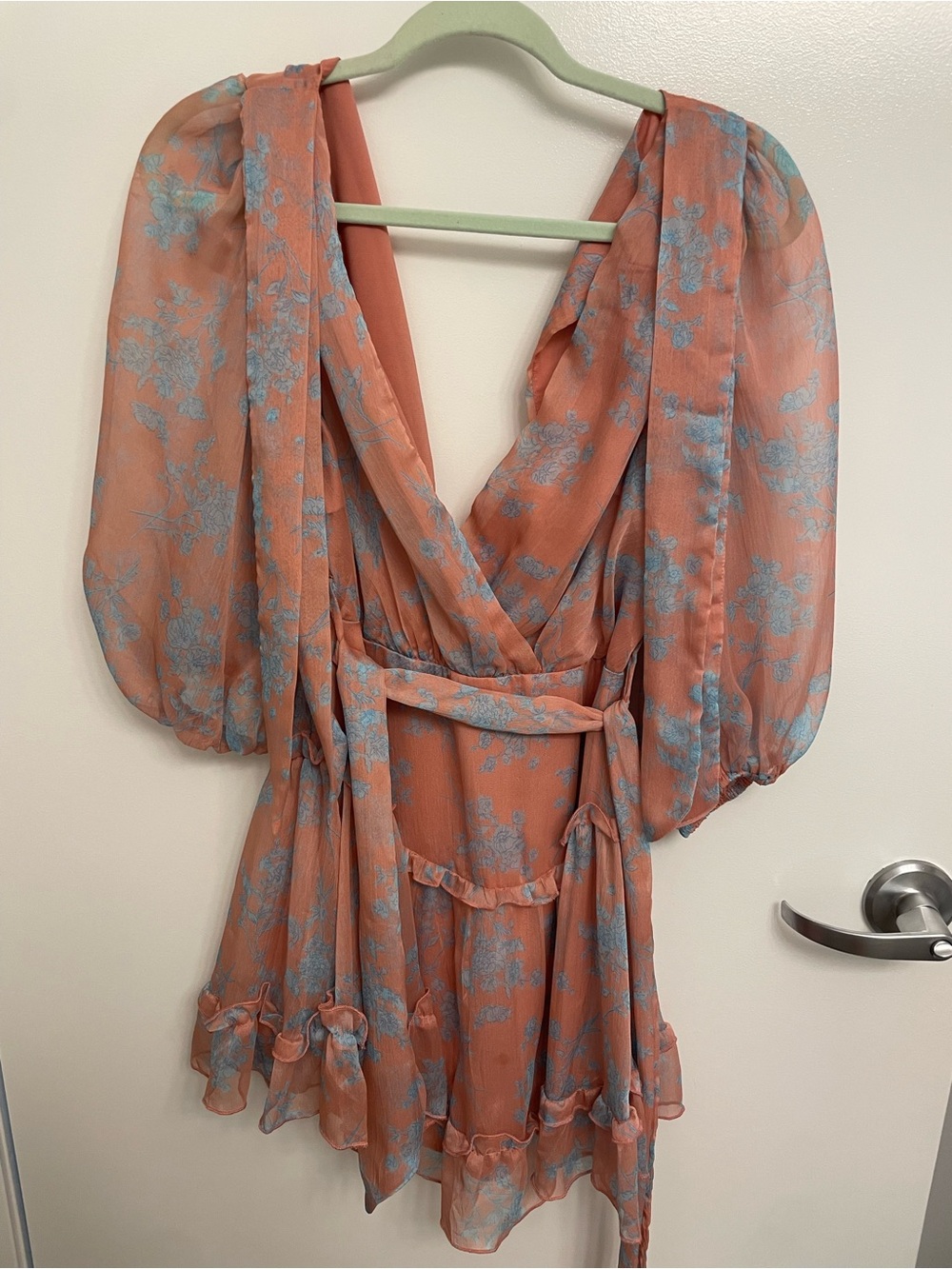 Peach Floral Wrap Dress with Puff Sleeves